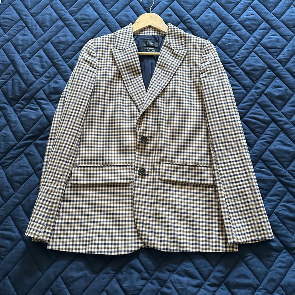 J. Crew Navy and Brown Checkered Wool Blend Blazer